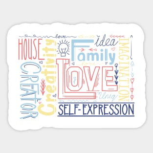 Lettering composition of different words.Family, love and inspiration Sticker